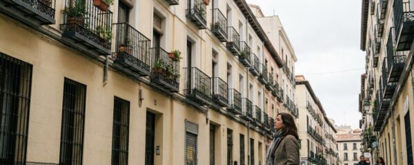 Propietaria española valorando su vivienda desde el exterior del edificio residencial