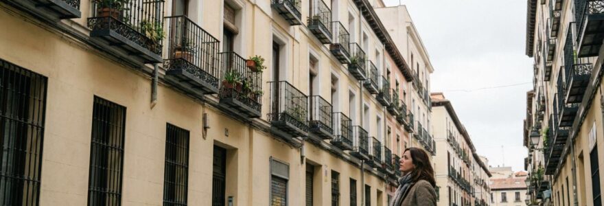 Propietaria española valorando su vivienda desde el exterior del edificio residencial