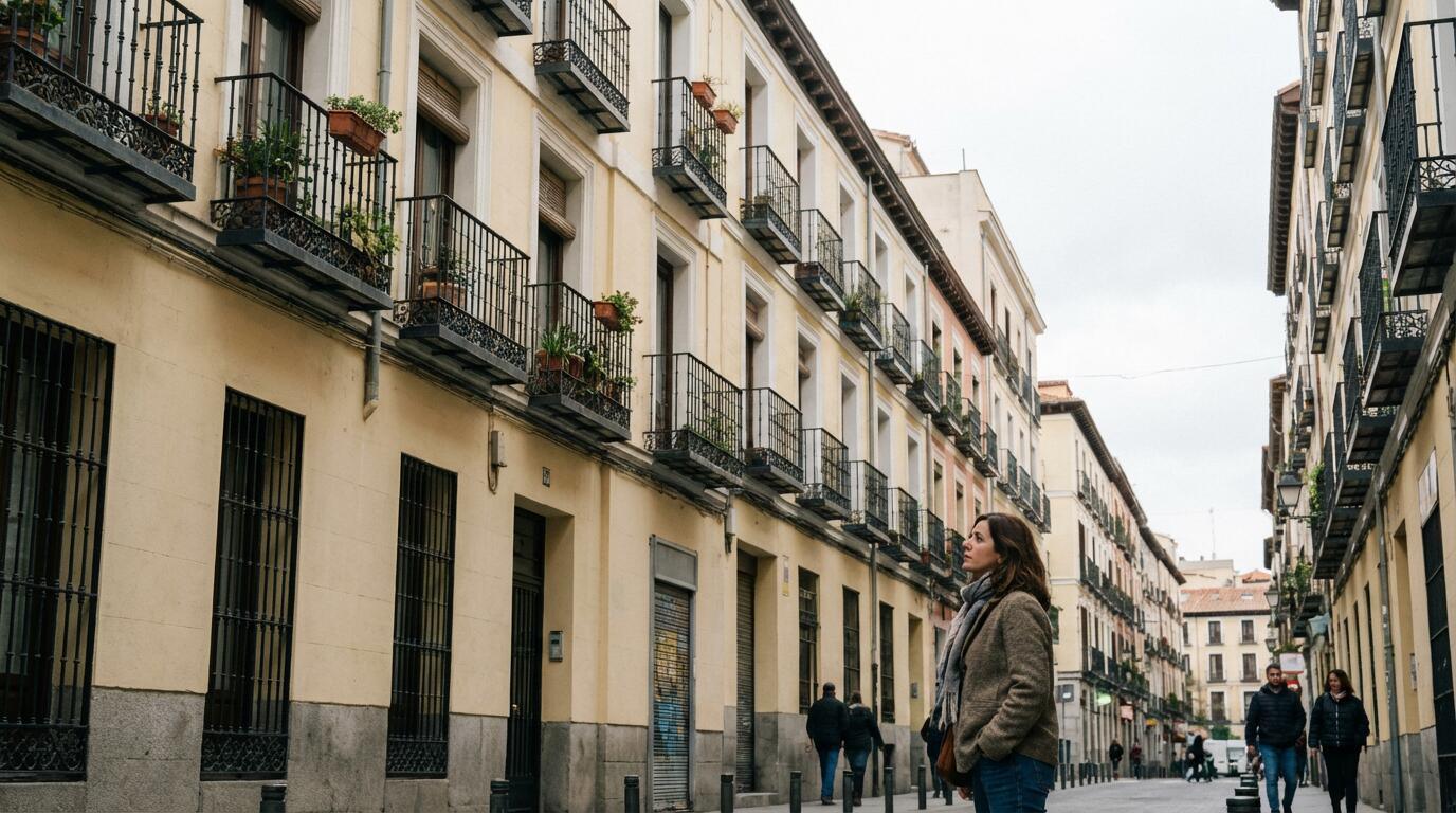 Propietaria española valorando su vivienda desde el exterior del edificio residencial