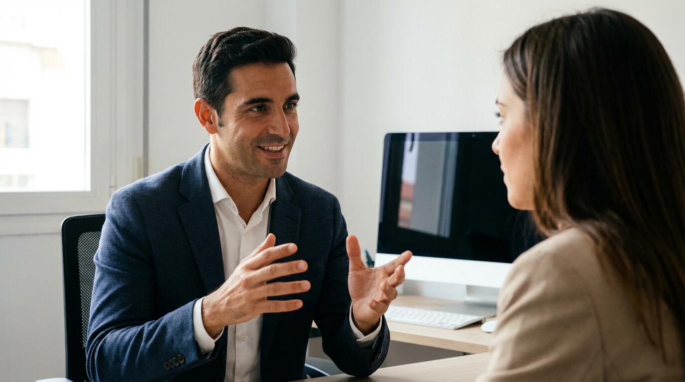 Asesor inmobiliario español explicando opciones de valoración a cliente